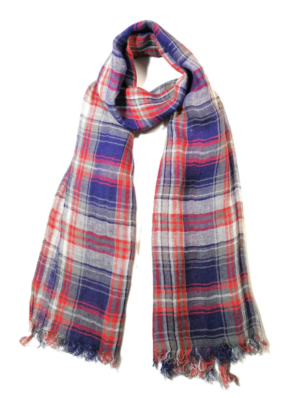 9338 Unisex 100% Linen Scarves and 71"x25.6" PlaidNavyRed